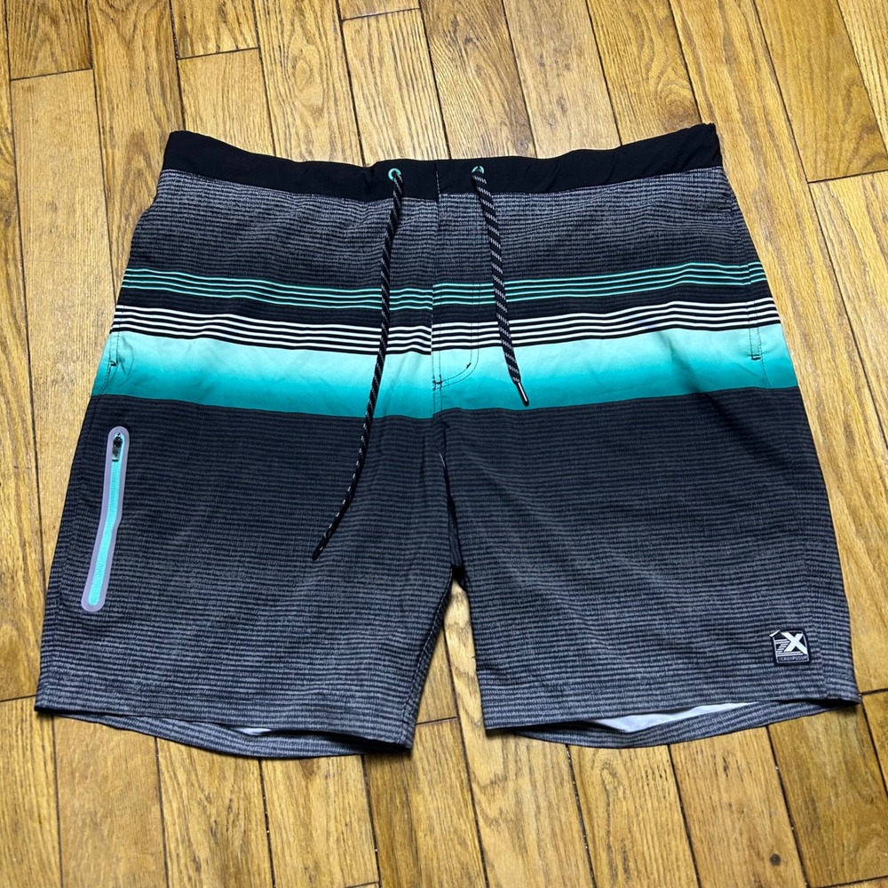 ZeroXposur Mens Board Shorts XXL Charcoal Teal Striped Swim Trunks Zipper Pocket